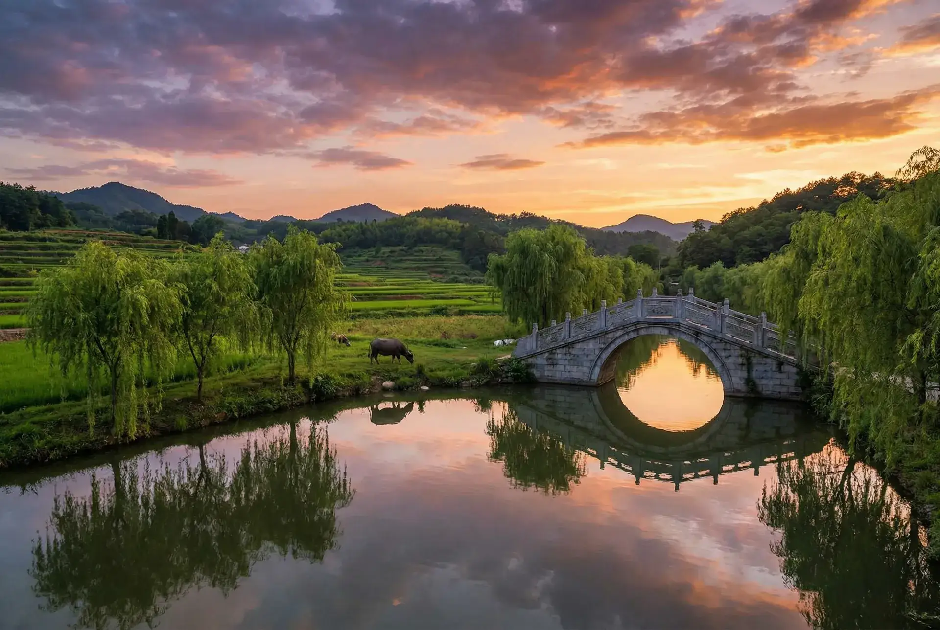 夕阳下的石拱桥与垂柳，水牛在河边吃草 - 爱情与灵药 乡村美景